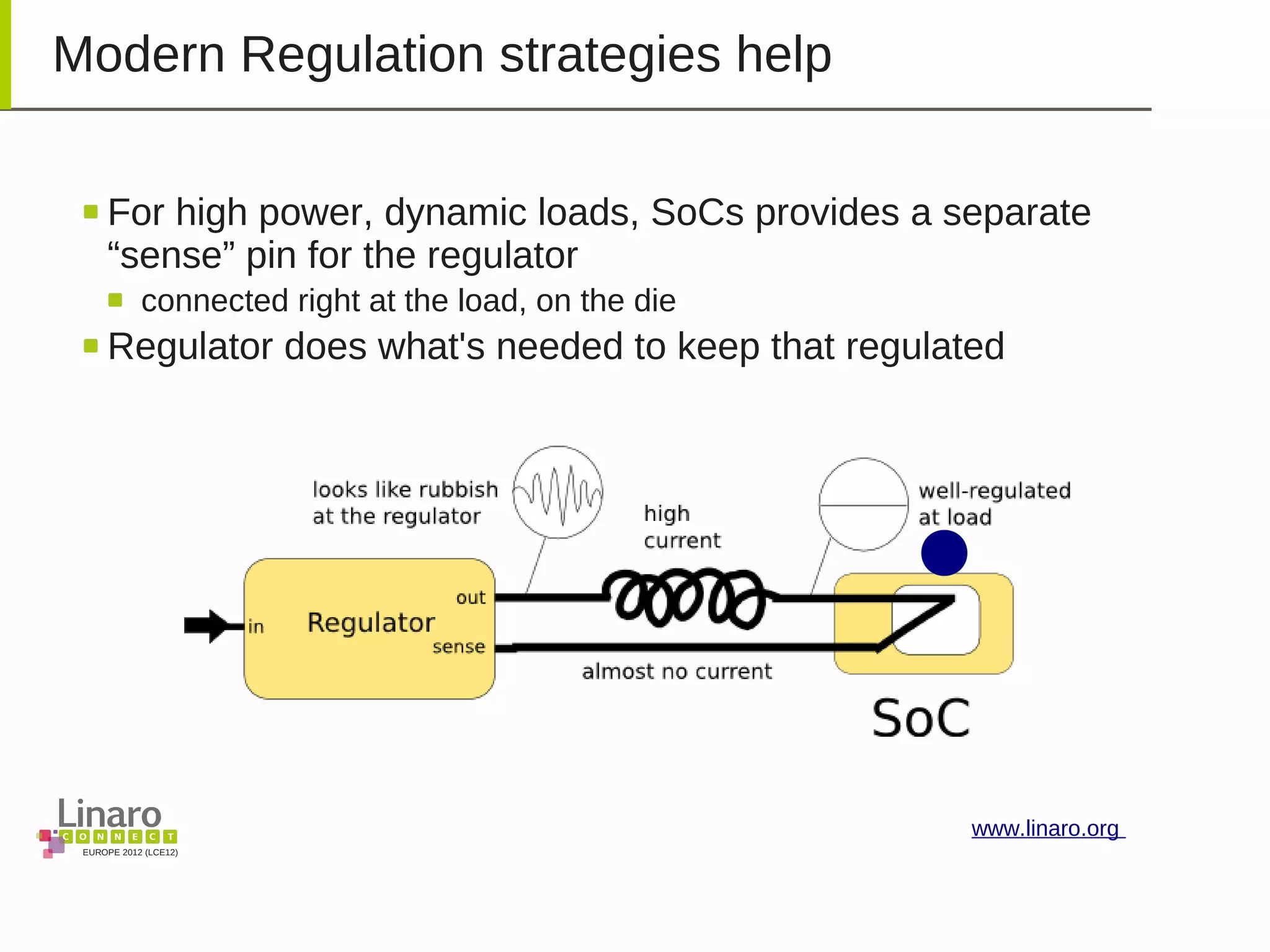 EUROPE 2012 (LCE12)
www.linaro.org
Modern Regulation strategies help
For high power, dynamic loads, SoCs provides a separate
“sense” pin for the regulator
connected right at the load, on the die
Regulator does what's needed to keep that regulated
 
