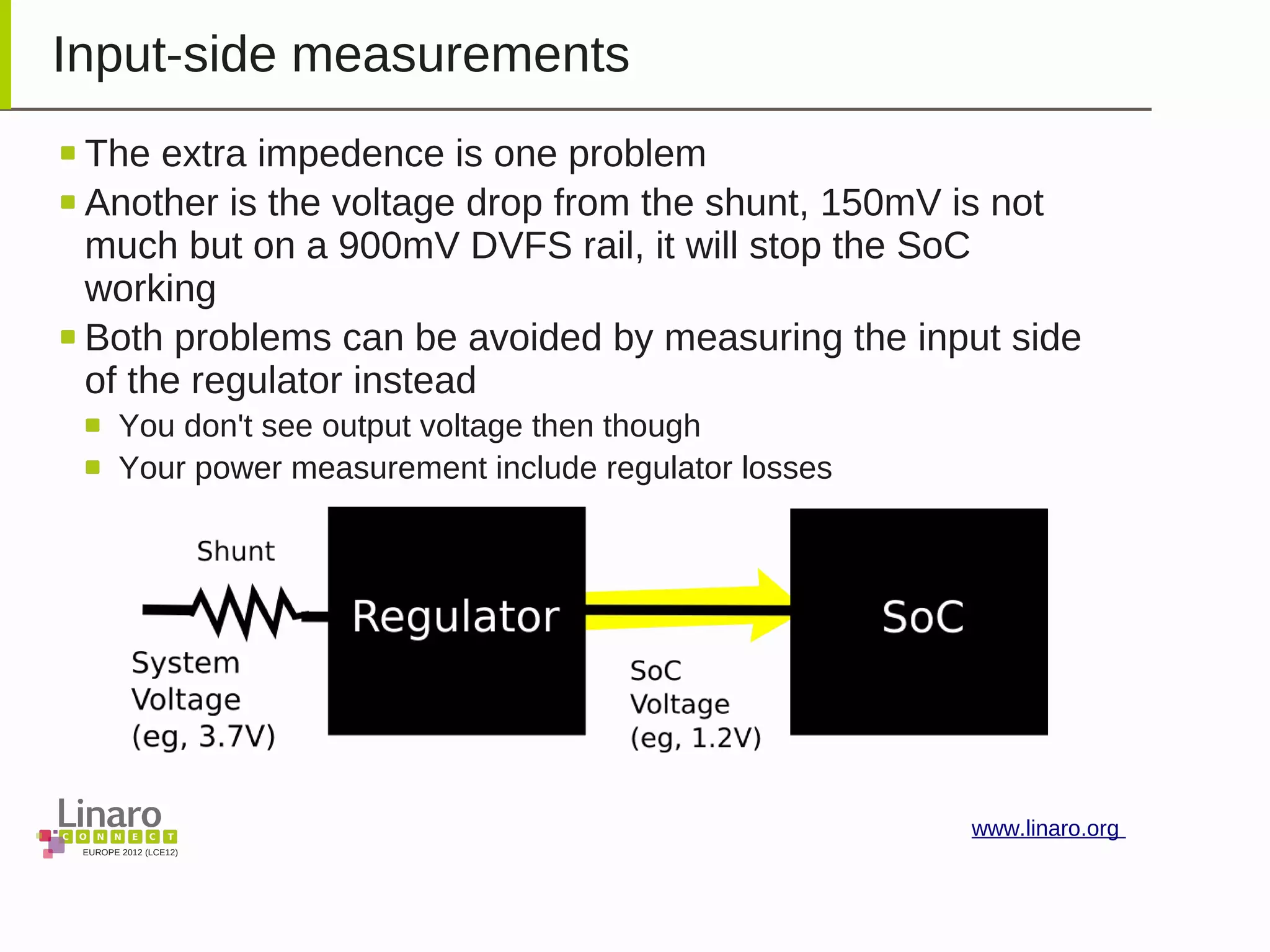 EUROPE 2012 (LCE12)
www.linaro.org
Input-side measurements
The extra impedence is one problem
Another is the voltage drop from the shunt, 150mV is not
much but on a 900mV DVFS rail, it will stop the SoC
working
Both problems can be avoided by measuring the input side
of the regulator instead
You don't see output voltage then though
Your power measurement include regulator losses
 