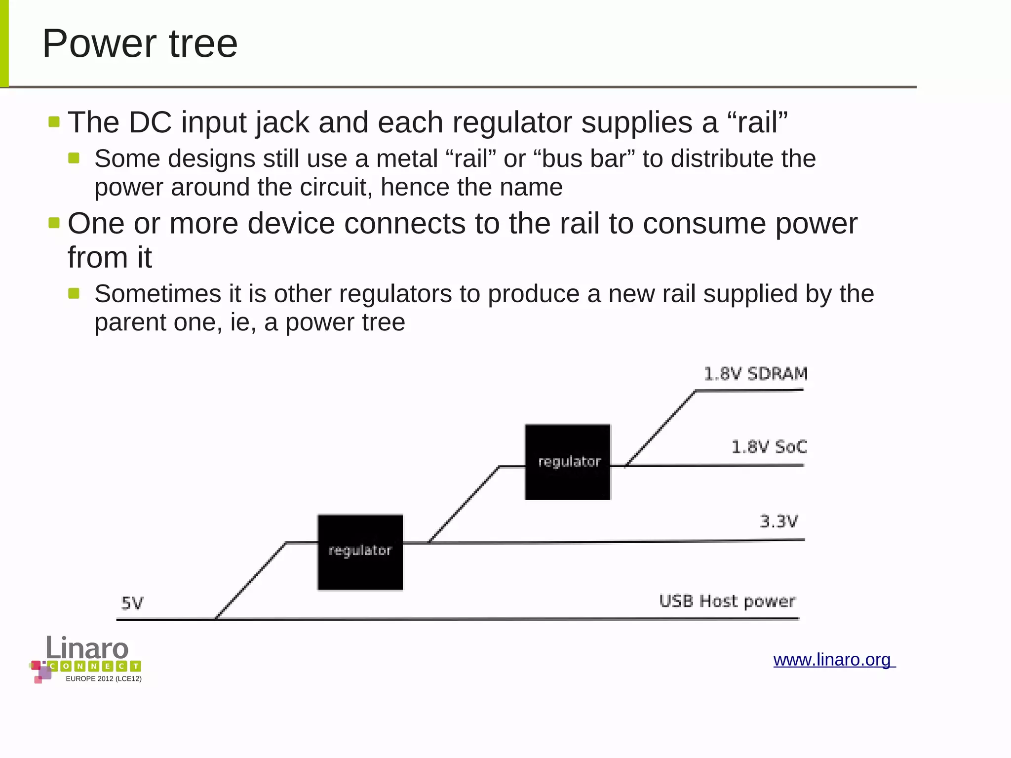 EUROPE 2012 (LCE12)
www.linaro.org
Power tree
The DC input jack and each regulator supplies a “rail”
Some designs still use a metal “rail” or “bus bar” to distribute the
power around the circuit, hence the name
One or more device connects to the rail to consume power
from it
Sometimes it is other regulators to produce a new rail supplied by the
parent one, ie, a power tree
 