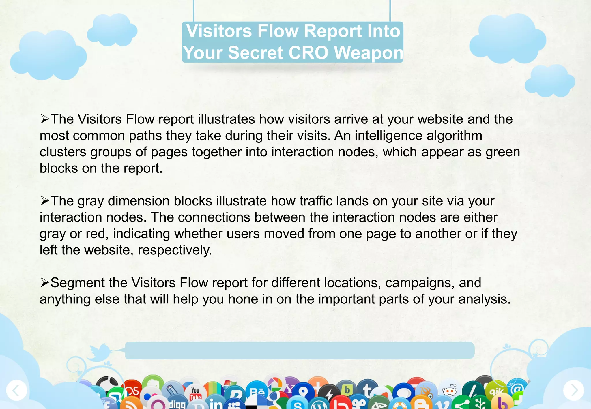 Www.Mywebsite.Com | +12 34 567 890 | Street Address 12345, City, Country
Visitors Flow Report Into
Your Secret CRO Weapon
The Visitors Flow report illustrates how visitors arrive at your website and the
most common paths they take during their visits. An intelligence algorithm
clusters groups of pages together into interaction nodes, which appear as green
blocks on the report.
The gray dimension blocks illustrate how traffic lands on your site via your
interaction nodes. The connections between the interaction nodes are either
gray or red, indicating whether users moved from one page to another or if they
left the website, respectively.
Segment the Visitors Flow report for different locations, campaigns, and
anything else that will help you hone in on the important parts of your analysis.
 