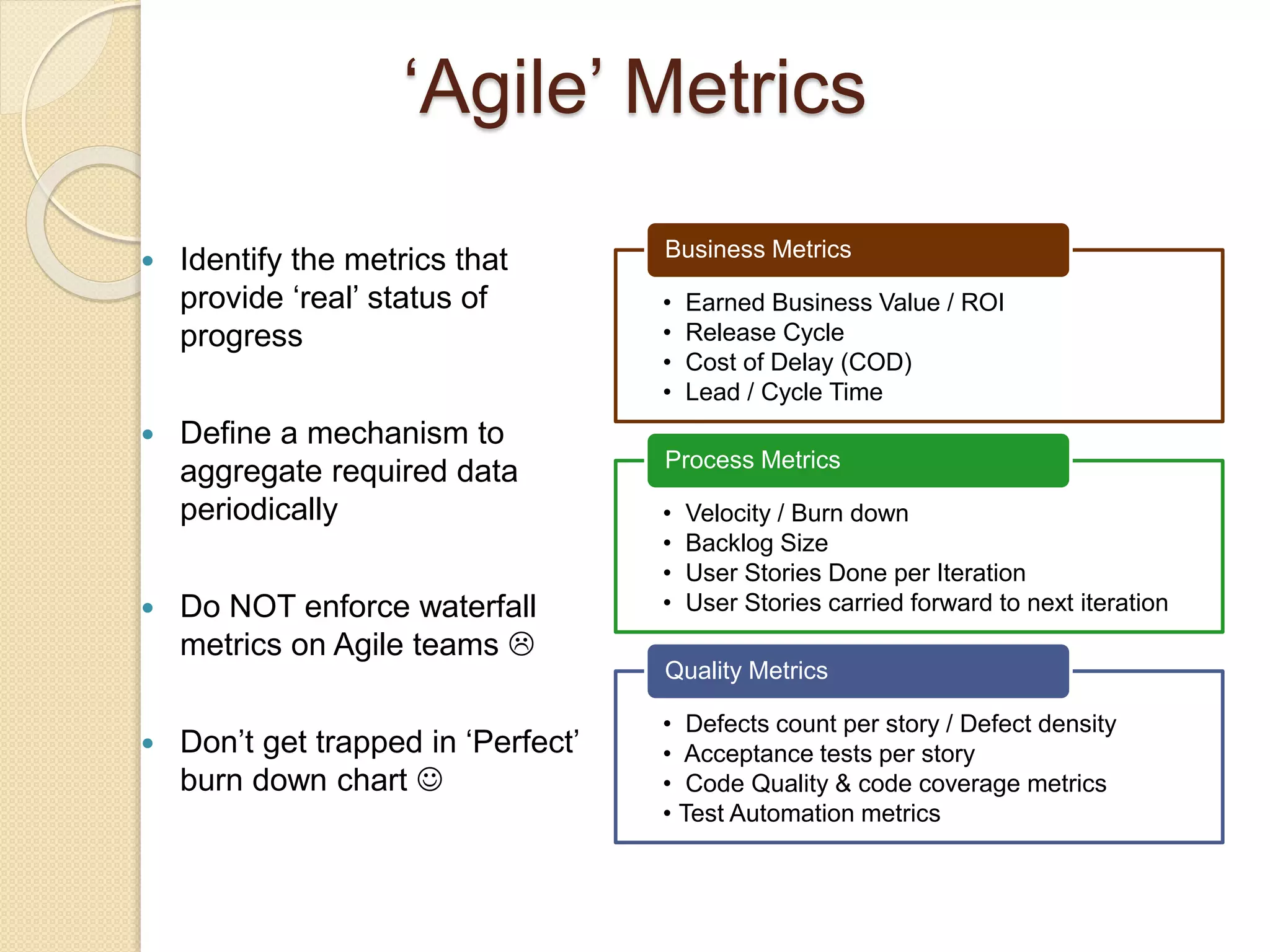 ‘Agile’ Metrics
 Identify the metrics that
provide ‘real’ status of
progress
 Define a mechanism to
aggregate required data
periodically
 Do NOT enforce waterfall
metrics on Agile teams 
 Don’t get trapped in ‘Perfect’
burn down chart 
• Earned Business Value / ROI
• Release Cycle
• Cost of Delay (COD)
• Lead / Cycle Time
Business Metrics
• Velocity / Burn down
• Backlog Size
• User Stories Done per Iteration
• User Stories carried forward to next iteration
Process Metrics
• Defects count per story / Defect density
• Acceptance tests per story
• Code Quality & code coverage metrics
• Test Automation metrics
Quality Metrics
 