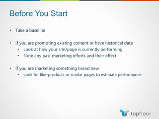 Before You Start
• Take a baseline
• If you are promoting existing content or have historical data
• Look at how your site/page is currently performing
• Note any past marketing efforts and their effect
• If you are marketing something brand new
• Look for like-products or similar pages to estimate performance
 