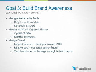 Goal 3: Build Brand Awareness
• Google Webmaster Tools
• Only 3 months of data
• Not 100% accurate
• Google AdWords Keyword Planner
• 2 years of data
• Monthly Estimates
• Google Trends
• Longest data set – starting in January 2004
• Relative data – not actual search figures
• Your brand may not be large enough to track trends
SEARCHES FOR YOUR BRAND
 
