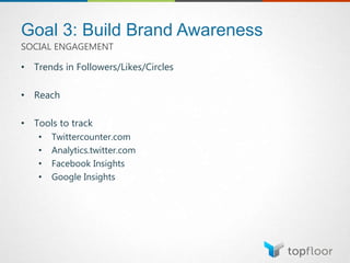 Goal 3: Build Brand Awareness
• Trends in Followers/Likes/Circles
• Reach
• Tools to track
• Twittercounter.com
• Analytics.twitter.com
• Facebook Insights
• Google Insights
SOCIAL ENGAGEMENT
 