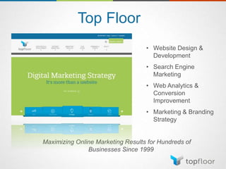 Top Floor
• Website Design &
Development
• Search Engine
Marketing
• Web Analytics &
Conversion
Improvement
• Marketing & Branding
Strategy
Maximizing Online Marketing Results for Hundreds of
Businesses Since 1999
 