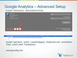 Google Analytics – Advanced Setup
EVENT TRACKING - IMPLEMENTATION
onclick=“ga(‘send’, ‘event’, { eventCategory: ‘Outbound Link’, eventAction:
‘Click’, event Label: ‘Facebook’});
www.gaconfig.com
 