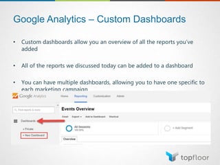 Google Analytics – Custom Dashboards
• Custom dashboards allow you an overview of all the reports you’ve
added
• All of the reports we discussed today can be added to a dashboard
• You can have multiple dashboards, allowing you to have one specific to
each marketing campaign
 