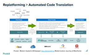 Replatforming > Automated Code Translation
Pivotal - Modern Systems Whitepaper http://bit.ly/pvtl-ms Modernization Journey of Mainframe
 