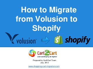 How to Migrate
from Volusion to
Shopify
Prepared by Cart2Cart Team
July, 2013
www.shopping-cart-migration.com
 