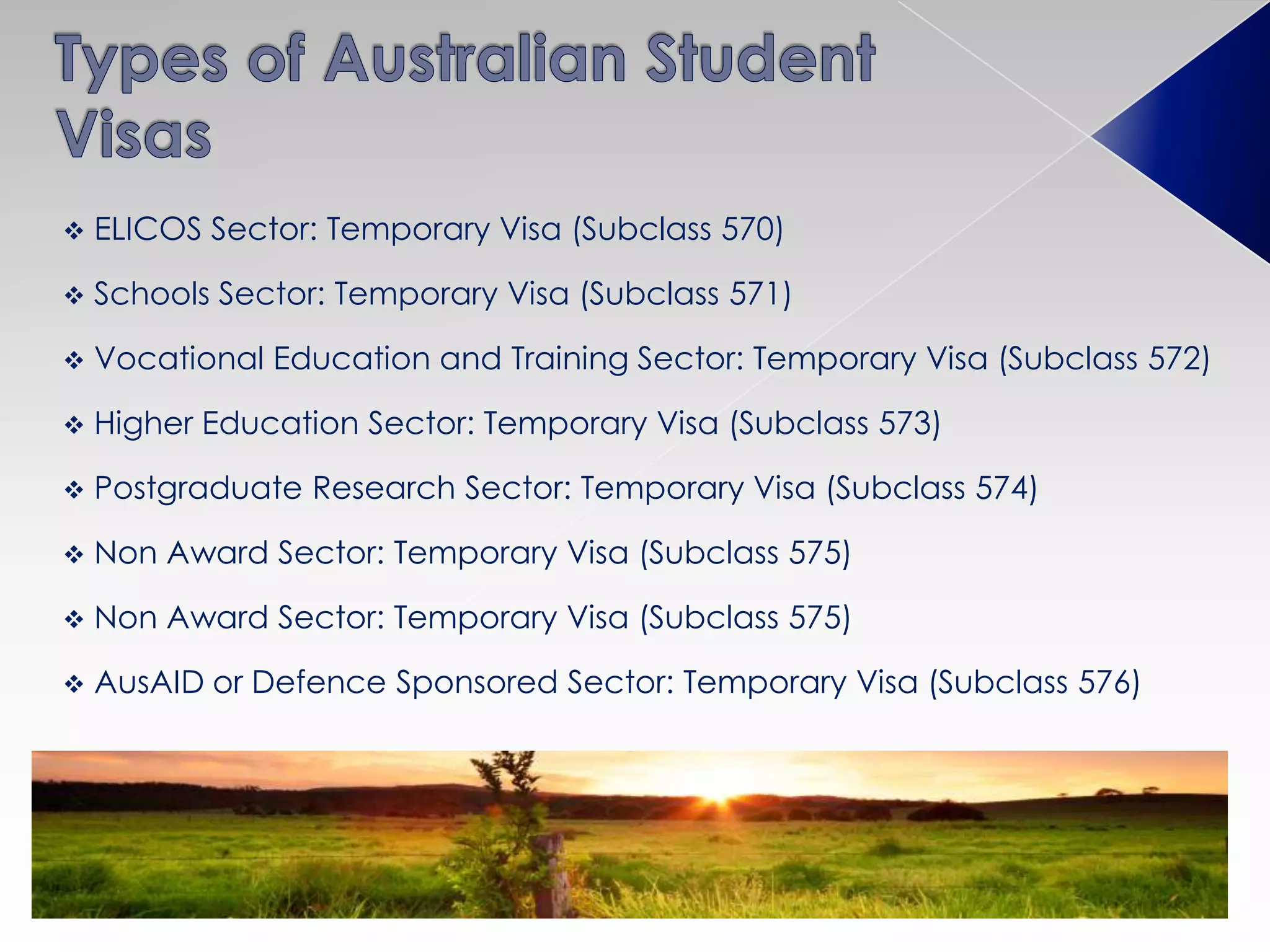  ELICOS Sector: Temporary Visa (Subclass 570)
 Schools Sector: Temporary Visa (Subclass 571)
 Vocational Education and Training Sector: Temporary Visa (Subclass 572)
 Higher Education Sector: Temporary Visa (Subclass 573)
 Postgraduate Research Sector: Temporary Visa (Subclass 574)
 Non Award Sector: Temporary Visa (Subclass 575)
 Non Award Sector: Temporary Visa (Subclass 575)
 AusAID or Defence Sponsored Sector: Temporary Visa (Subclass 576)
 