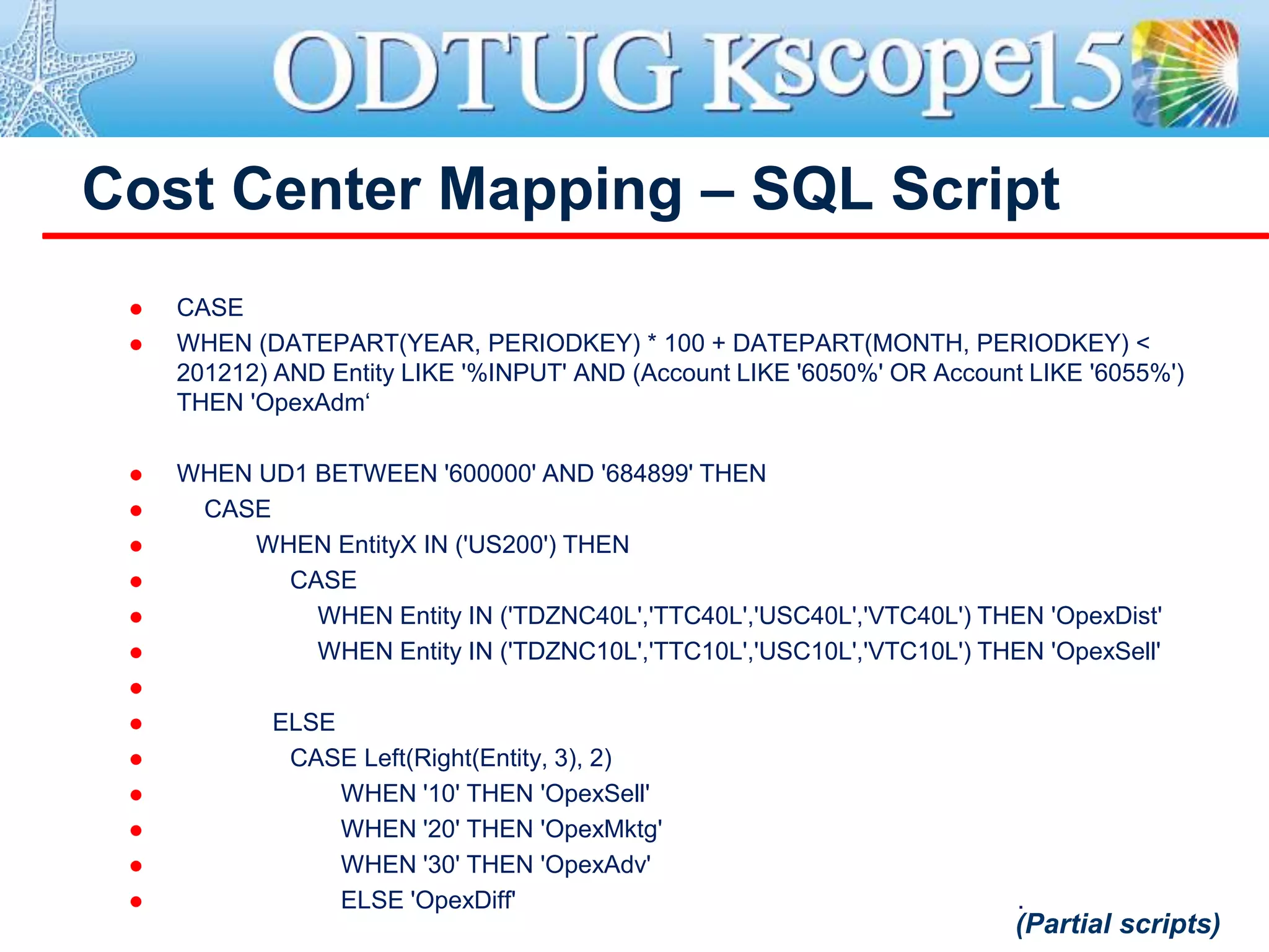  CASE
 WHEN (DATEPART(YEAR, PERIODKEY) * 100 + DATEPART(MONTH, PERIODKEY) <
201212) AND Entity LIKE '%INPUT' AND (Account LIKE '6050%' OR Account LIKE '6055%')
THEN 'OpexAdm‘
 WHEN UD1 BETWEEN '600000' AND '684899' THEN
 CASE
 WHEN EntityX IN ('US200') THEN
 CASE
 WHEN Entity IN ('TDZNC40L','TTC40L','USC40L','VTC40L') THEN 'OpexDist'
 WHEN Entity IN ('TDZNC10L','TTC10L','USC10L','VTC10L') THEN 'OpexSell'

 ELSE
 CASE Left(Right(Entity, 3), 2)
 WHEN '10' THEN 'OpexSell'
 WHEN '20' THEN 'OpexMktg'
 WHEN '30' THEN 'OpexAdv'
 ELSE 'OpexDiff' .
Cost Center Mapping – SQL Script
(Partial scripts)
 