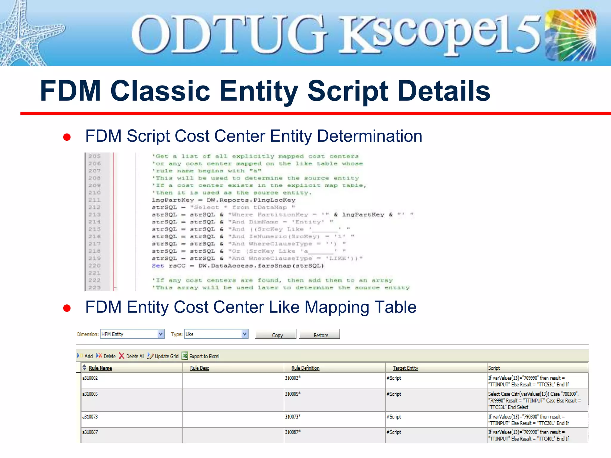 FDM Classic Entity Script Details
 FDM Script Cost Center Entity Determination
 FDM Entity Cost Center Like Mapping Table
 