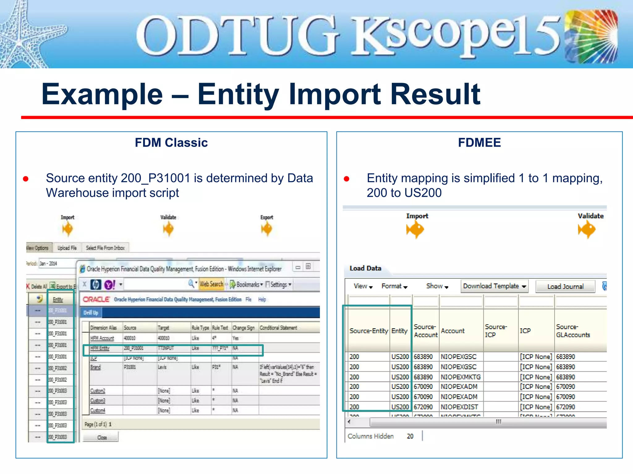 Example – Entity Import Result
FDM Classic
 Source entity 200_P31001 is determined by Data
Warehouse import script
FDMEE
 Entity mapping is simplified 1 to 1 mapping,
200 to US200
 