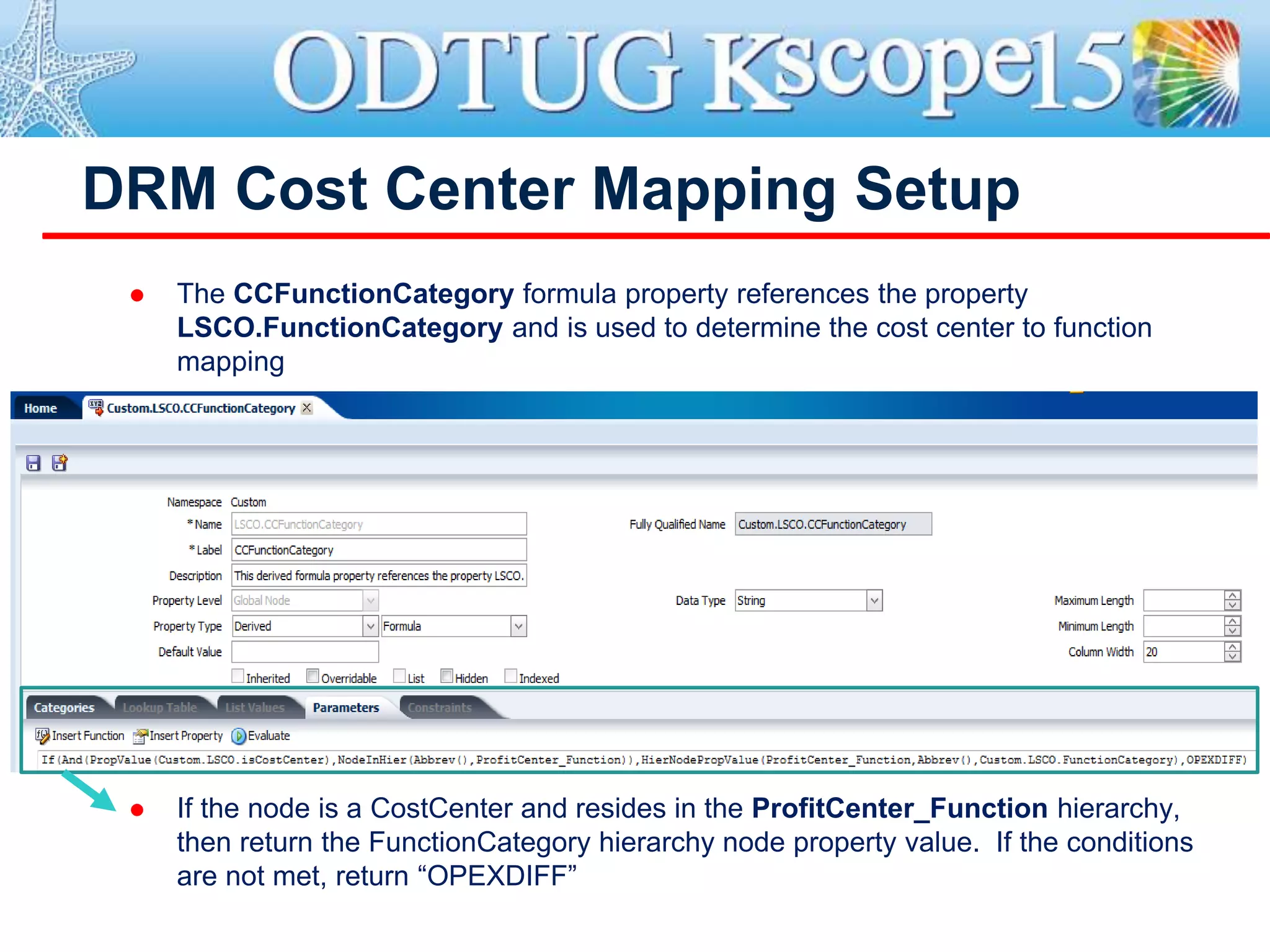 DRM Cost Center Mapping Setup
 The CCFunctionCategory formula property references the property
LSCO.FunctionCategory and is used to determine the cost center to function
mapping
 If the node is a CostCenter and resides in the ProfitCenter_Function hierarchy,
then return the FunctionCategory hierarchy node property value. If the conditions
are not met, return “OPEXDIFF”
 