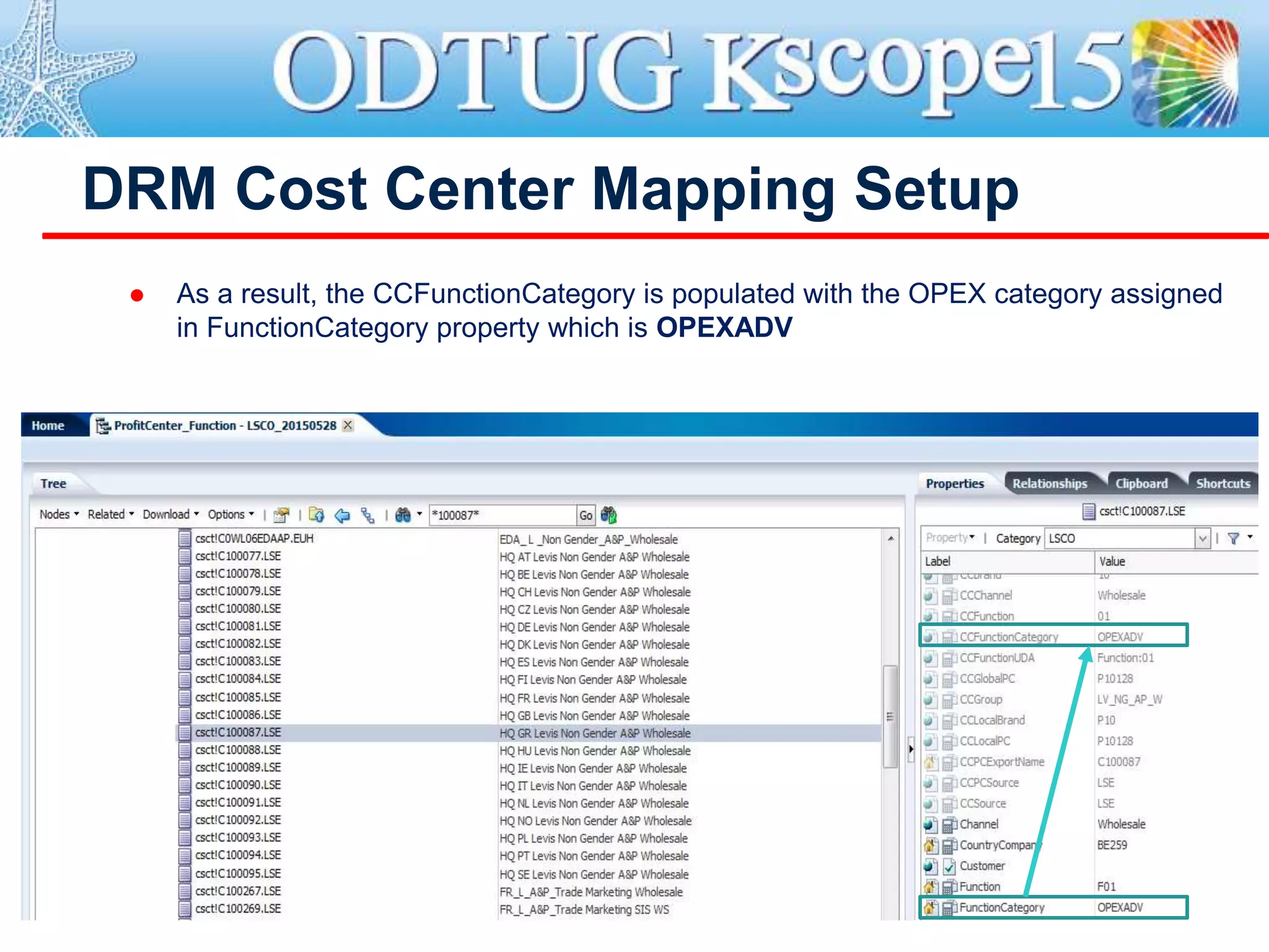 DRM Cost Center Mapping Setup
 As a result, the CCFunctionCategory is populated with the OPEX category assigned
in FunctionCategory property which is OPEXADV
 