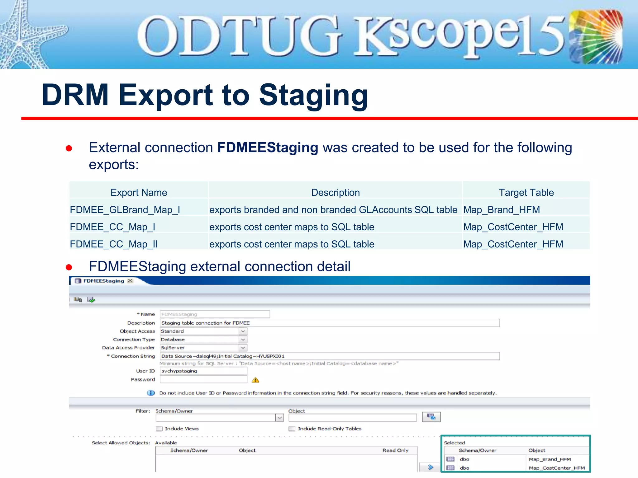 DRM Export to Staging
 External connection FDMEEStaging was created to be used for the following
exports:
 FDMEEStaging external connection detail
Export Name Description Target Table
FDMEE_GLBrand_Map_l exports branded and non branded GLAccounts SQL table Map_Brand_HFM
FDMEE_CC_Map_l exports cost center maps to SQL table Map_CostCenter_HFM
FDMEE_CC_Map_ll exports cost center maps to SQL table Map_CostCenter_HFM
 