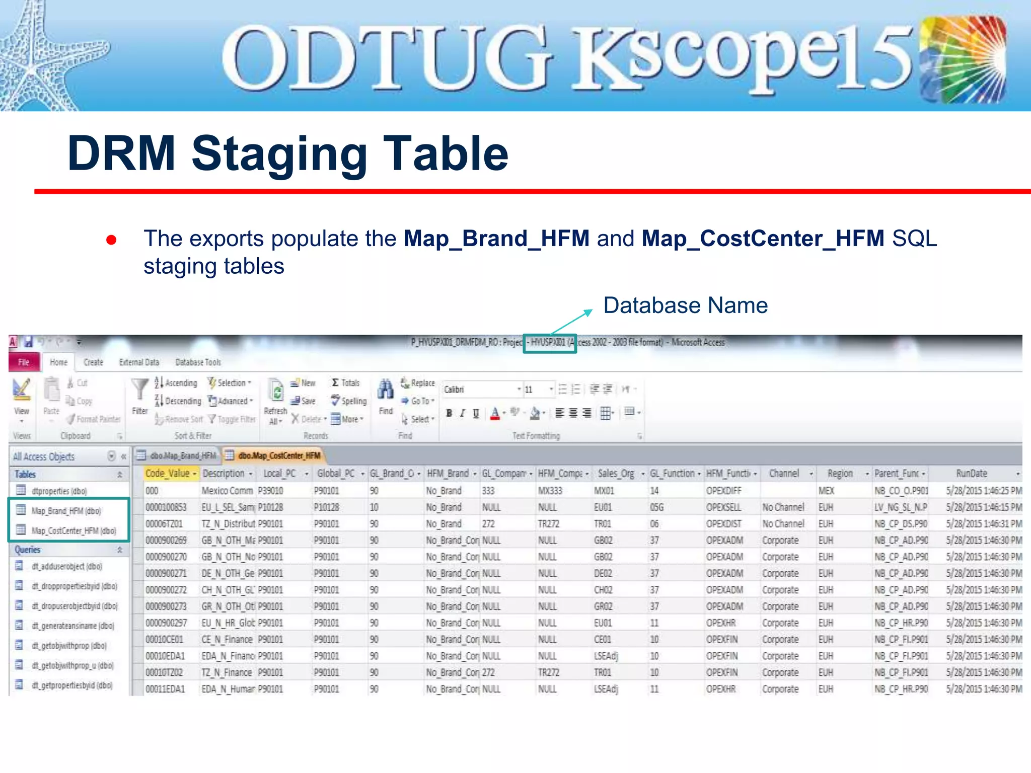 DRM Staging Table
 The exports populate the Map_Brand_HFM and Map_CostCenter_HFM SQL
staging tables
Database Name
 