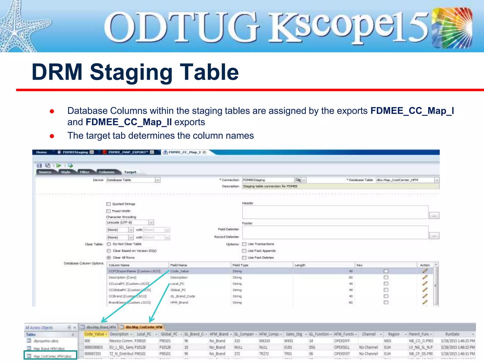 DRM Staging Table
 Database Columns within the staging tables are assigned by the exports FDMEE_CC_Map_l
and FDMEE_CC_Map_ll exports
 The target tab determines the column names
 