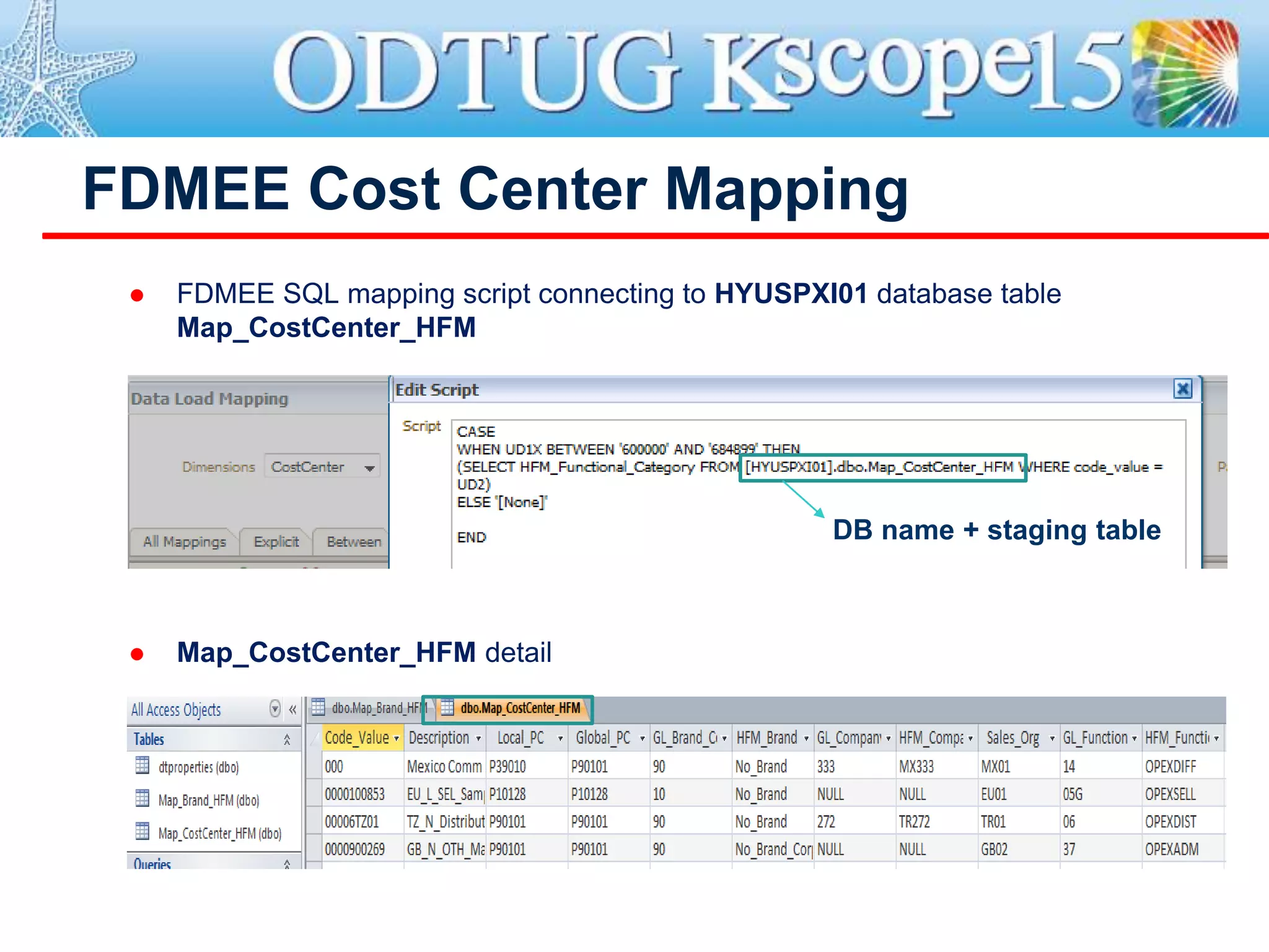 FDMEE Cost Center Mapping
 FDMEE SQL mapping script connecting to HYUSPXI01 database table
Map_CostCenter_HFM
 Map_CostCenter_HFM detail
DB name + staging table
 
