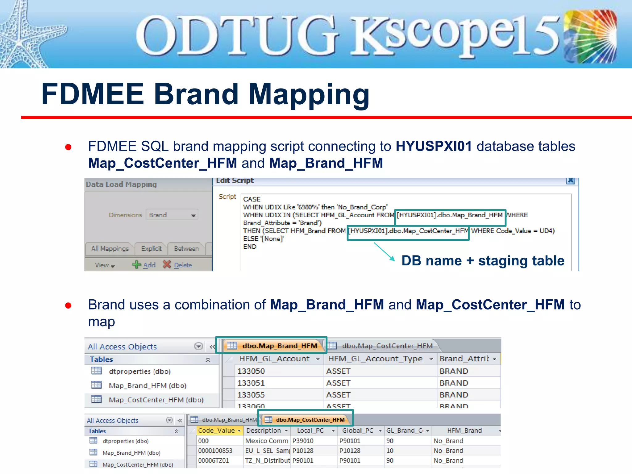 FDMEE Brand Mapping
 FDMEE SQL brand mapping script connecting to HYUSPXI01 database tables
Map_CostCenter_HFM and Map_Brand_HFM
 Brand uses a combination of Map_Brand_HFM and Map_CostCenter_HFM to
map
DB name + staging table
 