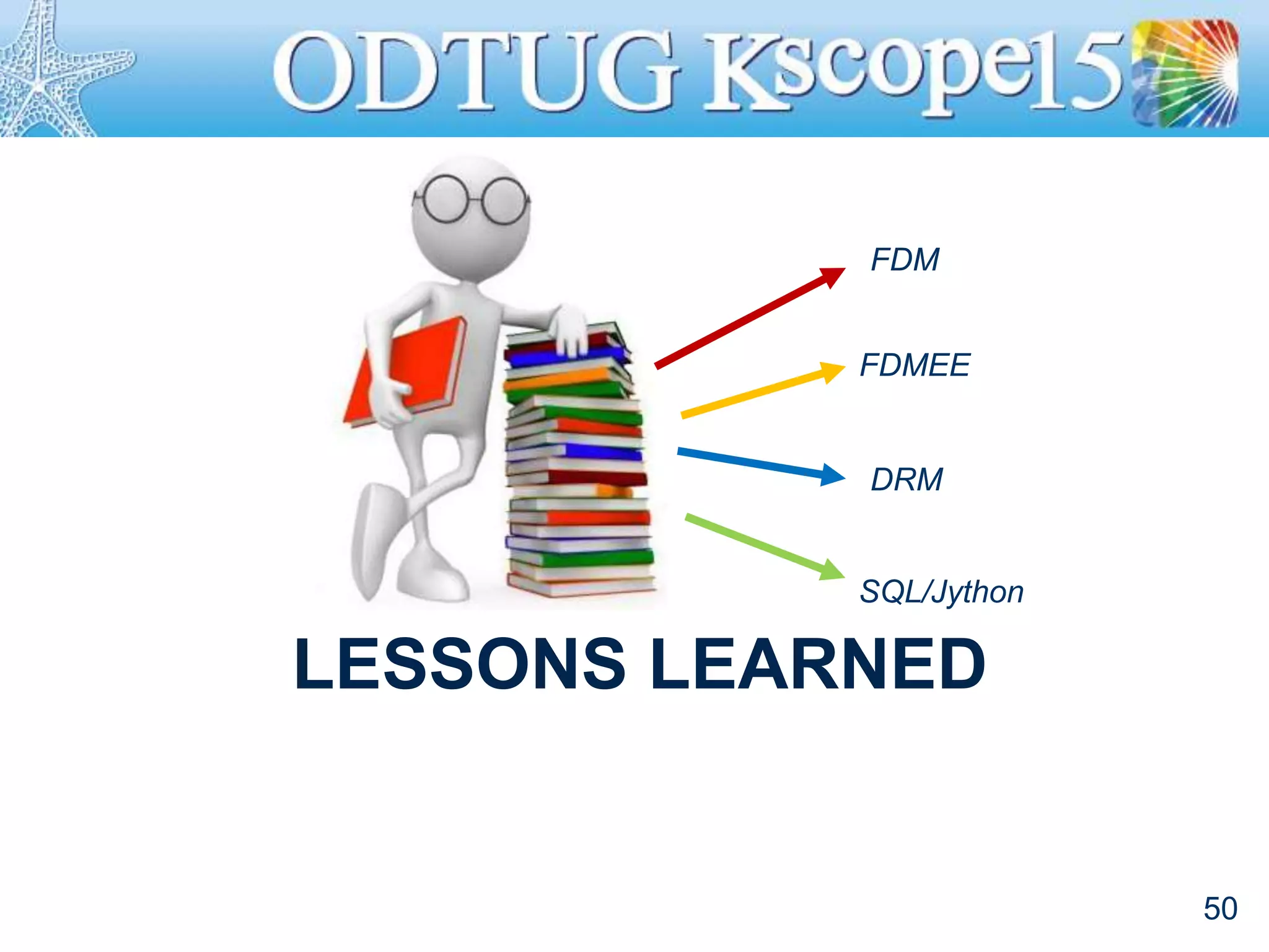 LESSONS LEARNED
50
FDM
FDMEE
DRM
SQL/Jython
 