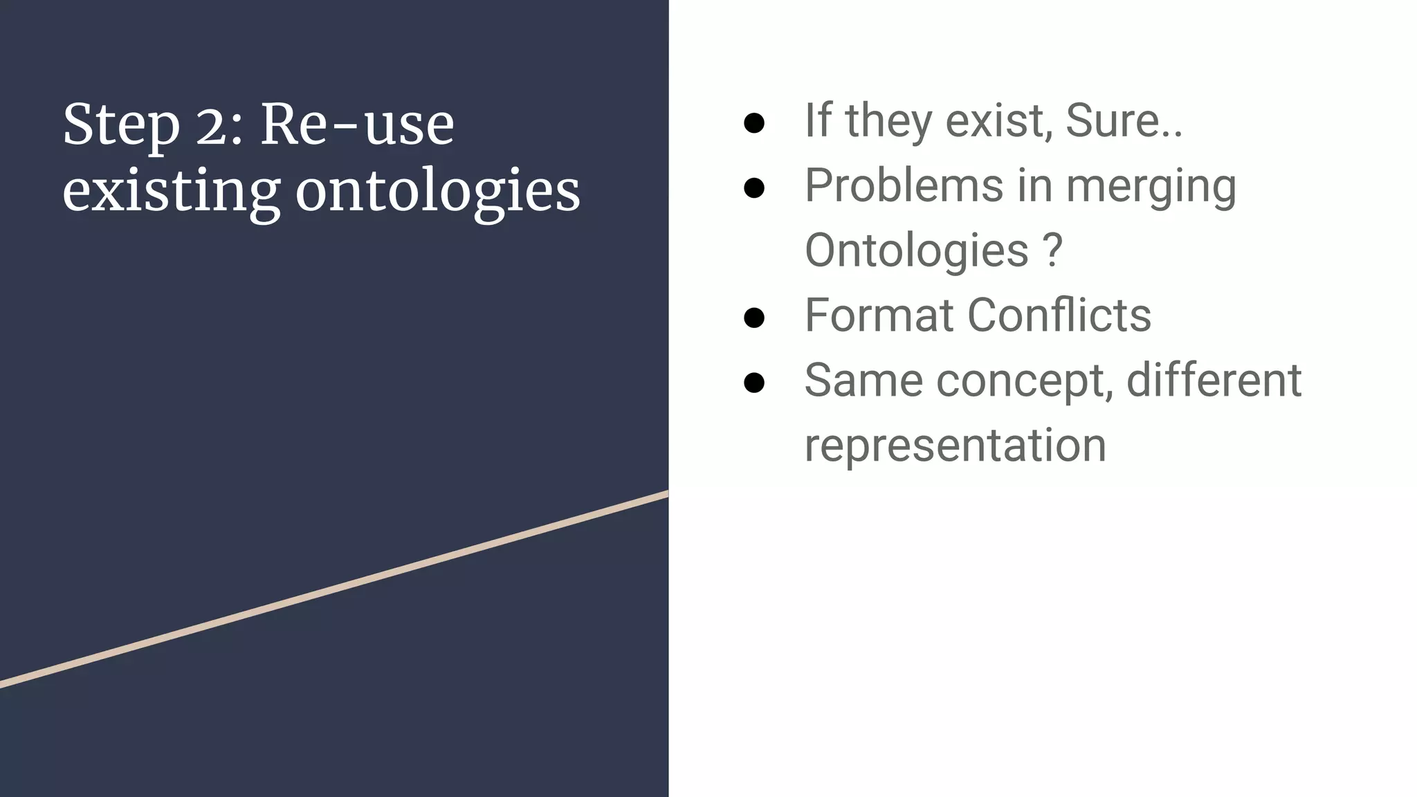 Step 2: Re-use
existing ontologies
● If they exist, Sure..
● Problems in merging
Ontologies ?
● Format Conﬂicts
● Same concept, different
representation
 