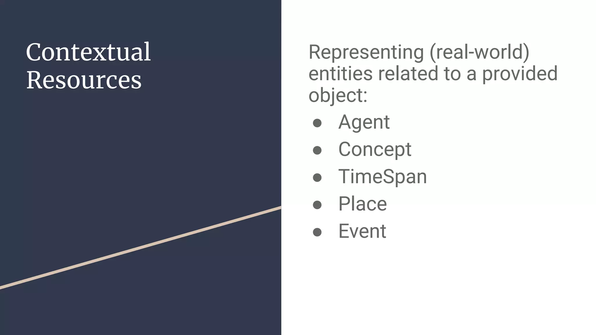 Contextual
Resources
Representing (real-world)
entities related to a provided
object:
● Agent
● Concept
● TimeSpan
● Place
● Event
 