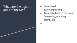 What are the main
aims of the SW?
● Automated
query-answering
● Automated use of the data
(reasoning, planning,
acting, etc.)
● ...
 
