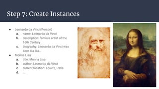 Step 7: Create Instances
● Leonardo da Vinci (Person)
a. name: Leonardo da Vinci
b. description: famous artist of the
16th Century
c. biography: Leonardo da Vinci was
born bla bla…
● Monna Lisa
a. title: Monna Lisa
b. author: Leonardo da Vinci
c. current location: Louvre, Paris
d. ...
 