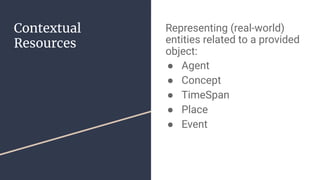 Contextual
Resources
Representing (real-world)
entities related to a provided
object:
● Agent
● Concept
● TimeSpan
● Place
● Event
 