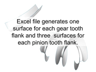 Excel file generates one
surface for each gear tooth
flank and three surfaces for
each pinion tooth flank.
 