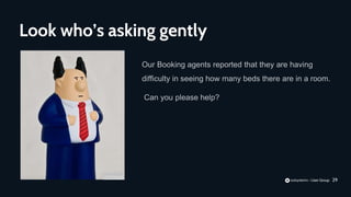 29
Our Booking agents reported that they are having
difficulty in seeing how many beds there are in a room.
Can you please help?
Look who’s asking gently
 