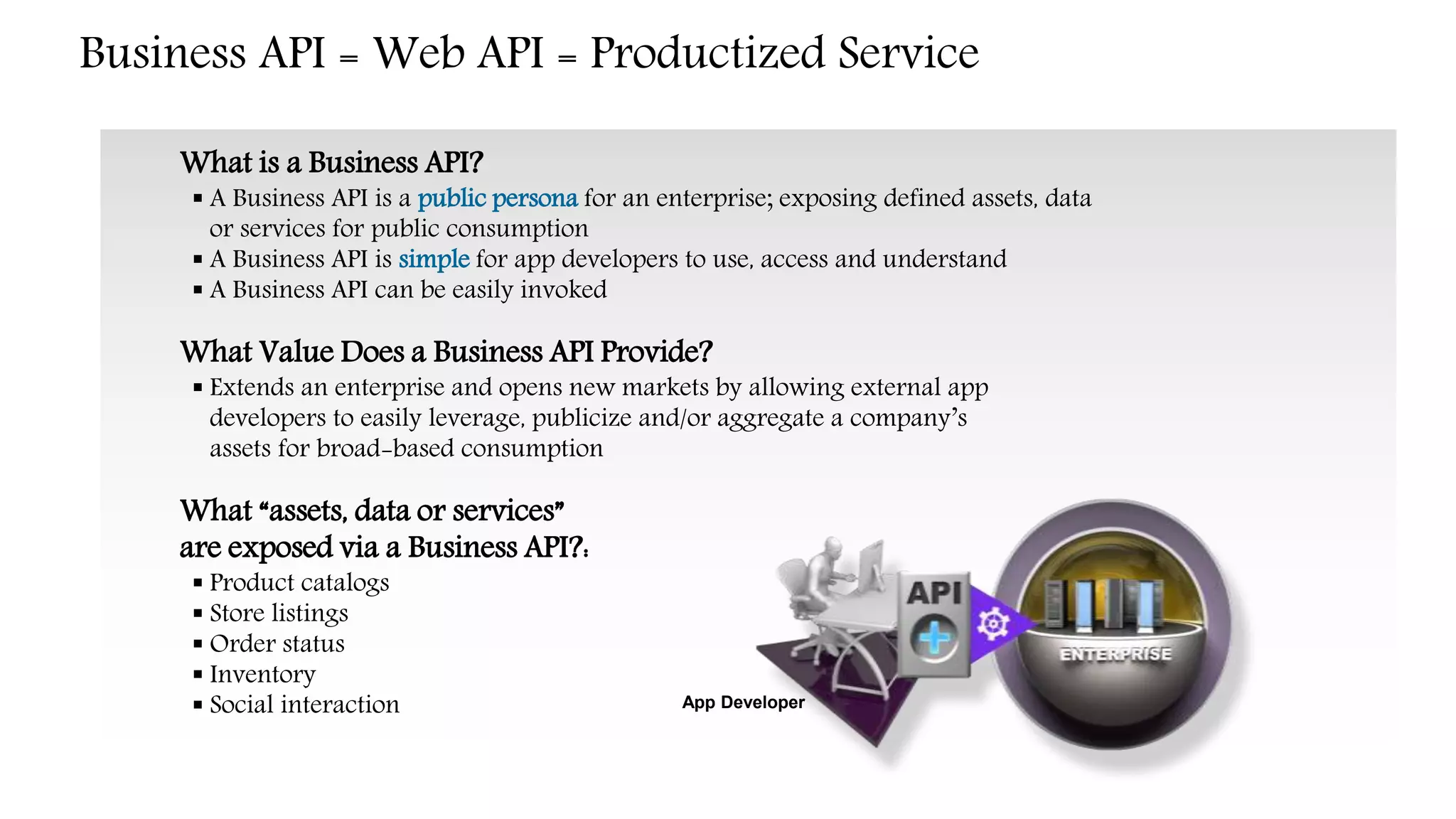 What is a Business API?
 A Business API is a public persona for an enterprise; exposing defined assets, data
or services for public consumption
 A Business API is simple for app developers to use, access and understand
 A Business API can be easily invoked
What Value Does a Business API Provide?
 Extends an enterprise and opens new markets by allowing external app
developers to easily leverage, publicize and/or aggregate a company’s
assets for broad-based consumption
What “assets, data or services”
are exposed via a Business API?:
 Product catalogs
 Store listings
 Order status
 Inventory
 Social interaction
Business API = Web API = Productized Service
App Developer
 