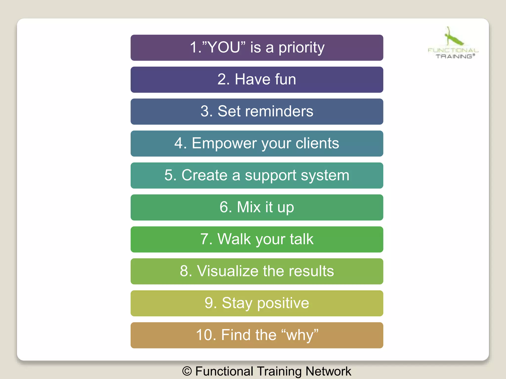 1.”YOU” is a priority
2. Have fun
3. Set reminders
4. Empower your clients
5. Create a support system
6. Mix it up
7. Walk your talk
8. Visualize the results
9. Stay positive
10. Find the “why”
© Functional Training Network
 
