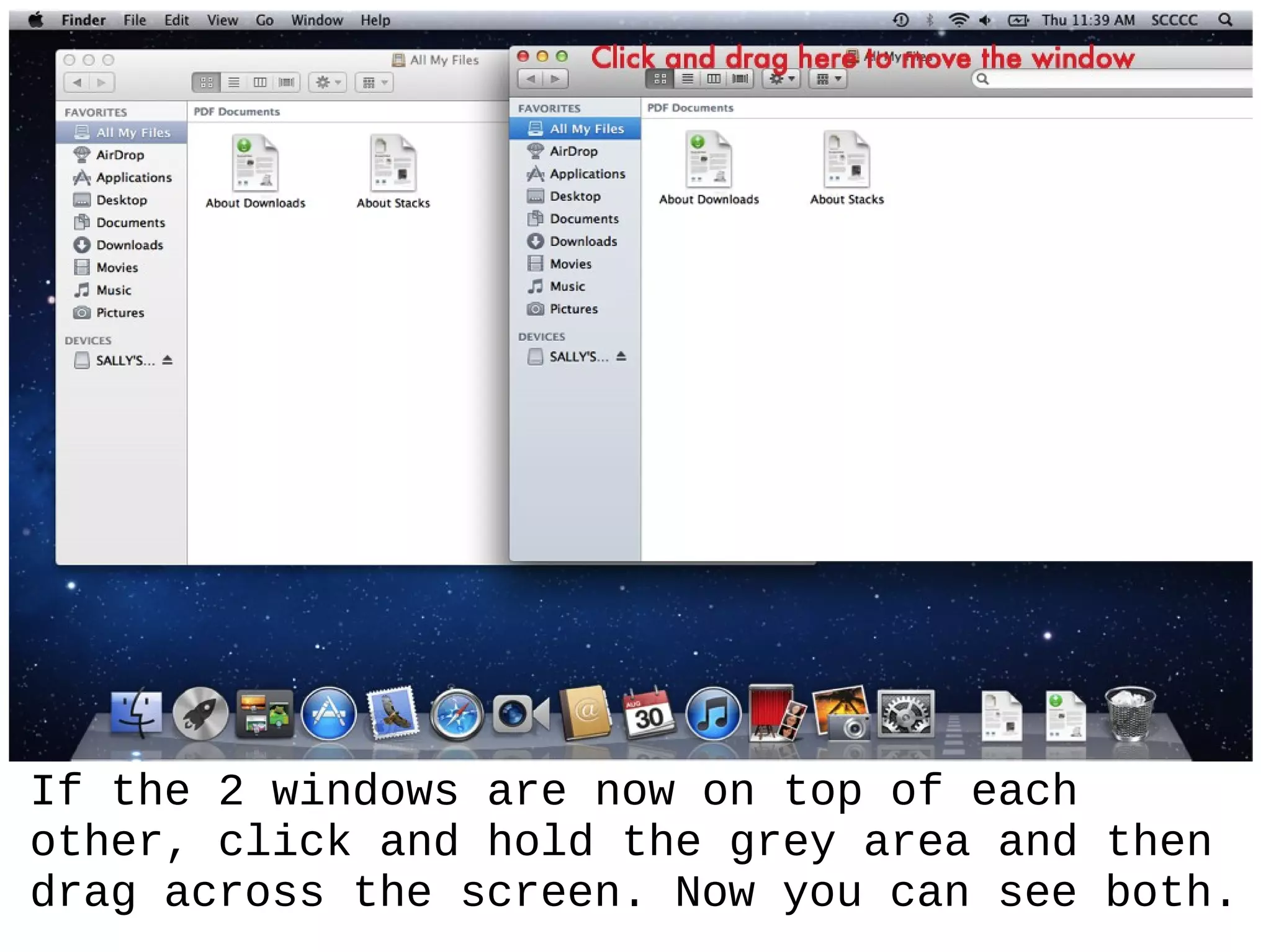 If the 2 windows are now on top of each
other, click and hold the grey area and then
drag across the screen. Now you can see both.