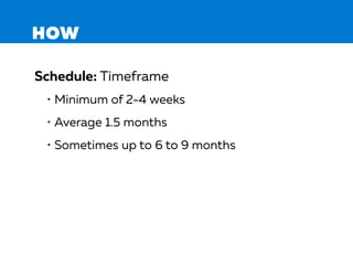 Schedule: Timeframe
• Minimum of 2-4 weeks
• Average 1.5 months
• Sometimes up to 6 to 9 months
HOW
 