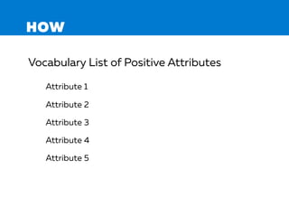 HOW
Vocabulary List of Positive Attributes
Attribute 1
Attribute 2
Attribute 3
Attribute 4
Attribute 5
 