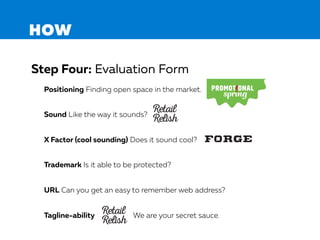 HOW
Step Four: Evaluation Form
Positioning Finding open space in the market.
Sound Like the way it sounds?
X Factor (cool sounding) Does it sound cool?
Trademark Is it able to be protected?
URL Can you get an easy to remember web address?
Tagline-ability We are your secret sauce.
 