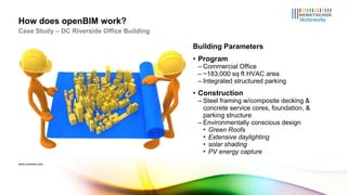 Building Parameters Program Commercial Office ~183,000 sq ft HVAC area Integrated structured parking Construction Steel framing w/composite decking & concrete service cores, foundation, & parking structure Environmentally conscious design Green Roofs Extensive daylighting solar shading PV energy capture How does openBIM work? Case Study – DC Riverside Office Building www.lumaxart.com 