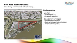 Site Parameters Location Washington D.C. Anacostia waterfront Development strategies Brownfield reclamation Optimal compass/solar orientation Storm water mitigation How does openBIM work? Case Study – DC Riverside Office Building 