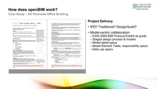 Project Delivery IPD? Traditional? Design/build? Model-centric collaboration E202-2008 BIM Protocol Exhibit as guide Staged design process & models Model detail specs Model Element Table, responsibility specs Data use specs How does openBIM work? Case Study – DC Riverside Office Building 