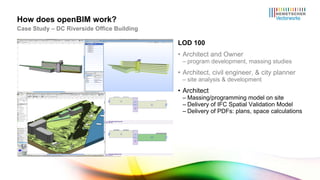 LOD 100 Architect and Owner program development, massing studies Architect, civil engineer, & city planner site analysis & development Architect Massing/programming model on site Delivery of IFC Spatial Validation Model Delivery of PDFs: plans, space calculations How does openBIM work? Case Study – DC Riverside Office Building 