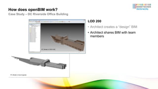LOD 200 Architect creates a “design” BIM Architect shares BIM with team members How does openBIM work? Case Study – DC Riverside Office Building IFC Model in Scia Engineer IFC Model in DDS-CAD 