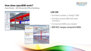 LOD 200 Architect creates a “design” BIM Architect shares BIM with team members Component BIMs are created BIM M/C merges component BIMs How does openBIM work? Case Study – DC Riverside Office Building 