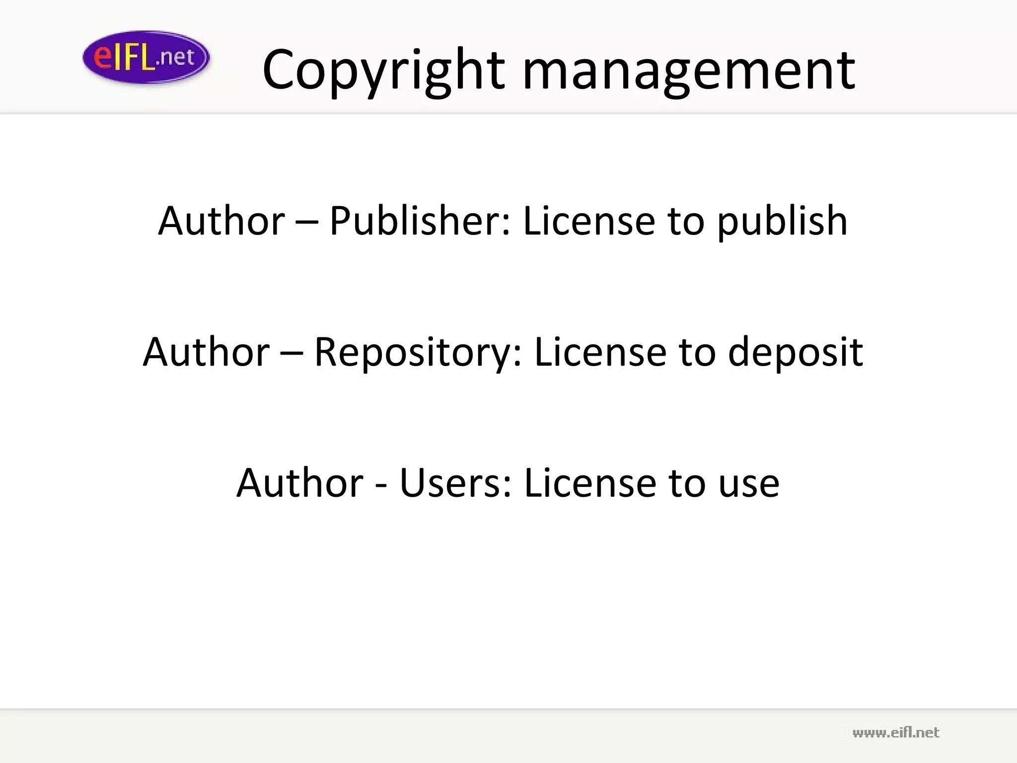 Copyright management

Author – Publisher: License to publish

Author – Repository: License to deposit

     Author - Users: License to use
 