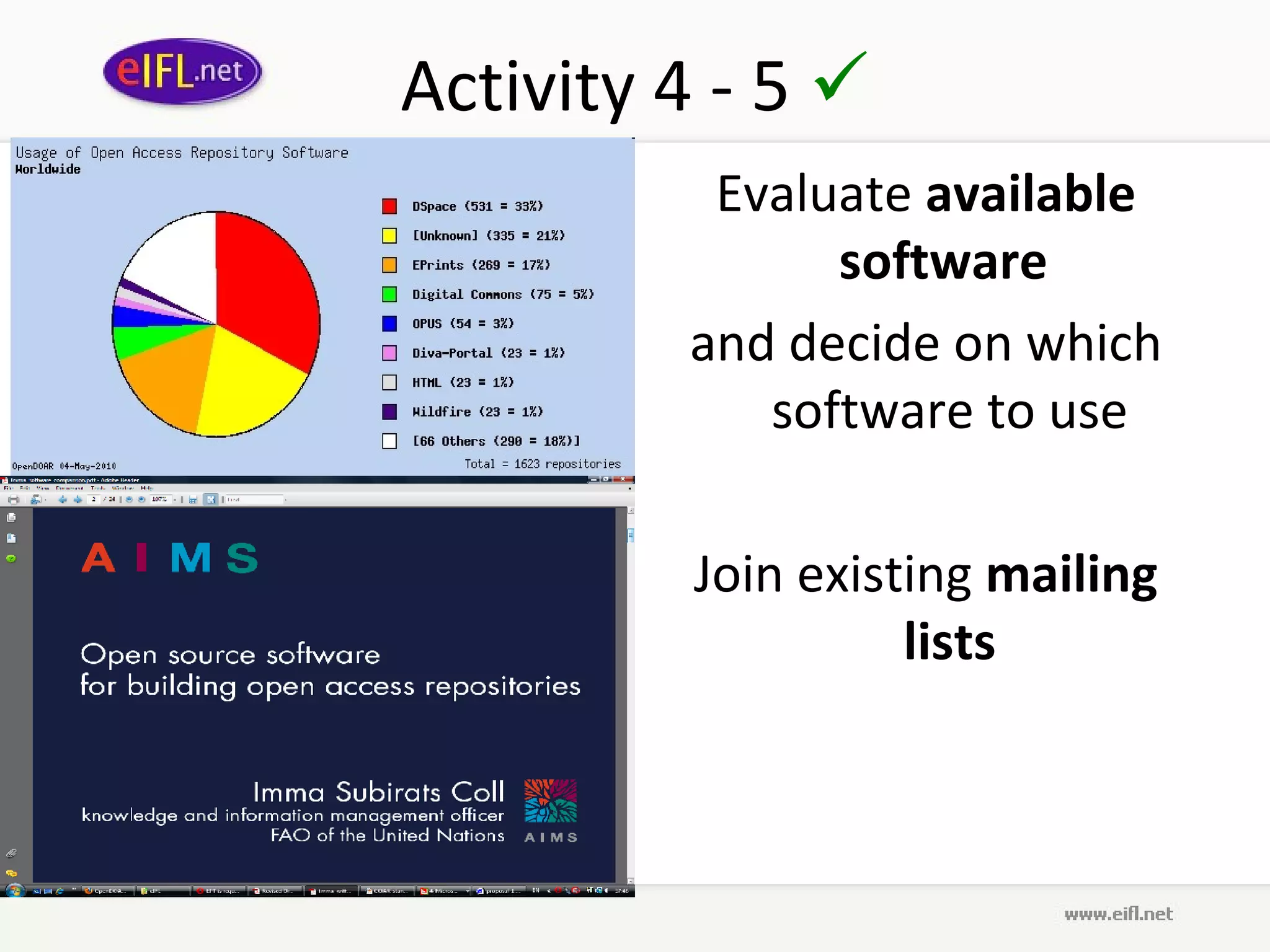 Activity 4 - 5 
          Evaluate available
               software
         and decide on which
            software to use

          Join existing mailing
                    lists
 