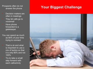 Your Biggest Challenge
Prospects often do not
answer the phone
• Decision makers are
often in meetings
• They let calls go...