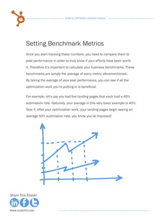69                              HOW TO OPTIMIZE LANDING PAGES




           Setting Benchmark Metrics
           Once you start tracking these numbers, you need to compare them to
           past performance in order to truly know if your efforts have been worth
           it. Therefore it’s important to calculate your business benchmarks. These
           benchmarks are simply the average of every metric aforementioned.
           By taking the average of your past performance, you can see if all the
           optimization work you’re putting in is beneficial.

           For example, let’s say you had five landing pages that each had a 40%
           submission rate. Naturally, your average in this very basic example is 40%.
           Now if, after your optimization work, your landing pages begin seeing an
           average 50% submission rate, you know you’ve improved!




Share This Ebook!



www.Hubspot.com
 