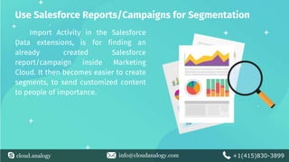 cloud.analogy info@cloudanalogy.com +1(415)830-3899
Use Salesforce Reports/Campaigns for Segmentation
Import Activity in the Salesforce
Data extensions, is for finding an
already created Salesforce
report/campaign inside Marketing
Cloud. It then becomes easier to create
segments, to send customized content
to people of importance.
 