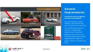 #wpewebinar
Scan through your search
analytics and observe how
your customers are searching.
Are they looking for brand
names, or maybe OEM
reference part numbers?
Make sure your search can
ﬁnd these ﬁelds and consider
weighting them higher to
guide customers to what they
need.
Customize search weighting
to match your products
General
Improvements
 